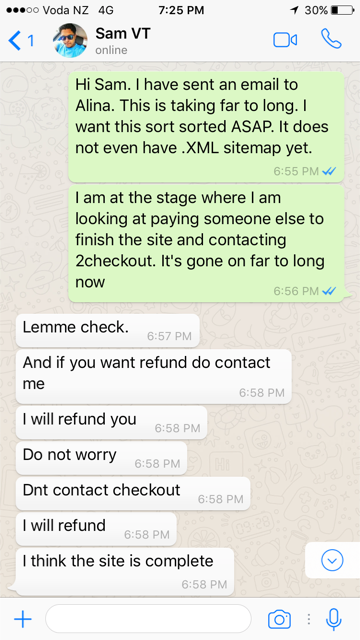 WhatsApp exchange between Josh and Sam at vt designz 