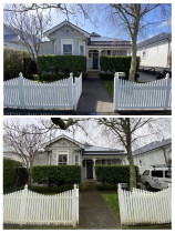 Fence, Walkway and House Before & After - Good project, doing a soft wash on a weatherboard house, including walkways and fence. An other happy client!