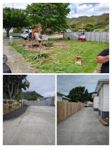 Fencing, concrete, pebbles, fence stain and topsoil and seeded