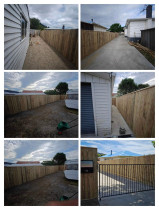 Fencing, concrete, pebbles, fence stain and topsoil and seeded