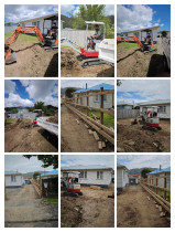 Fencing, concrete, pebbles, fence stain and topsoil and seeded