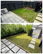 Outdoor transformation- new hedge, lawn and paverss - Transformed new outdoor  for a new build