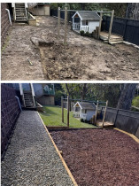 From Scratch to beauty - From ordinary to extraordinary! Check out our backyard transformation, complete with a lush lawn, stylish pebble pathway, and a dedicated kids play area.