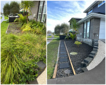 tunning transformation in garden with new paved pathway and pebbles