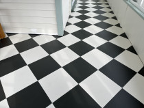 We do bespoke painting projects like this floor. Resene Half Thorndon Cream and Zeus