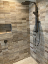 Tiled Ensuite by Bathroom and Tiling Ltd - 65x200mm shower wall tile in stacked pattern. Jasmin epoxy grout