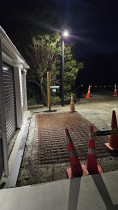 Pole lighting combined with CCTV - Black (square) pole installed for LED lighting points, general power (IP rated GPO) and CCTV.
PTZ and fixed cameras were installed, combined with automated lighting control.
